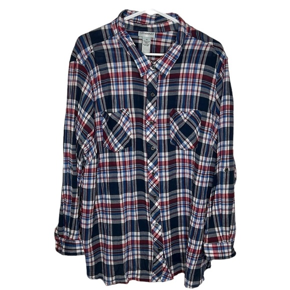 Catherines Shirt Women's 3X Blue Red PLaid Button Down Roll‎ Tab Sleeve Western - Picture 1 of 6